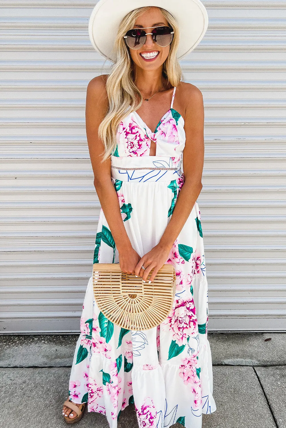 White Floral Twist Cutout Adjustable Straps Maxi Dress