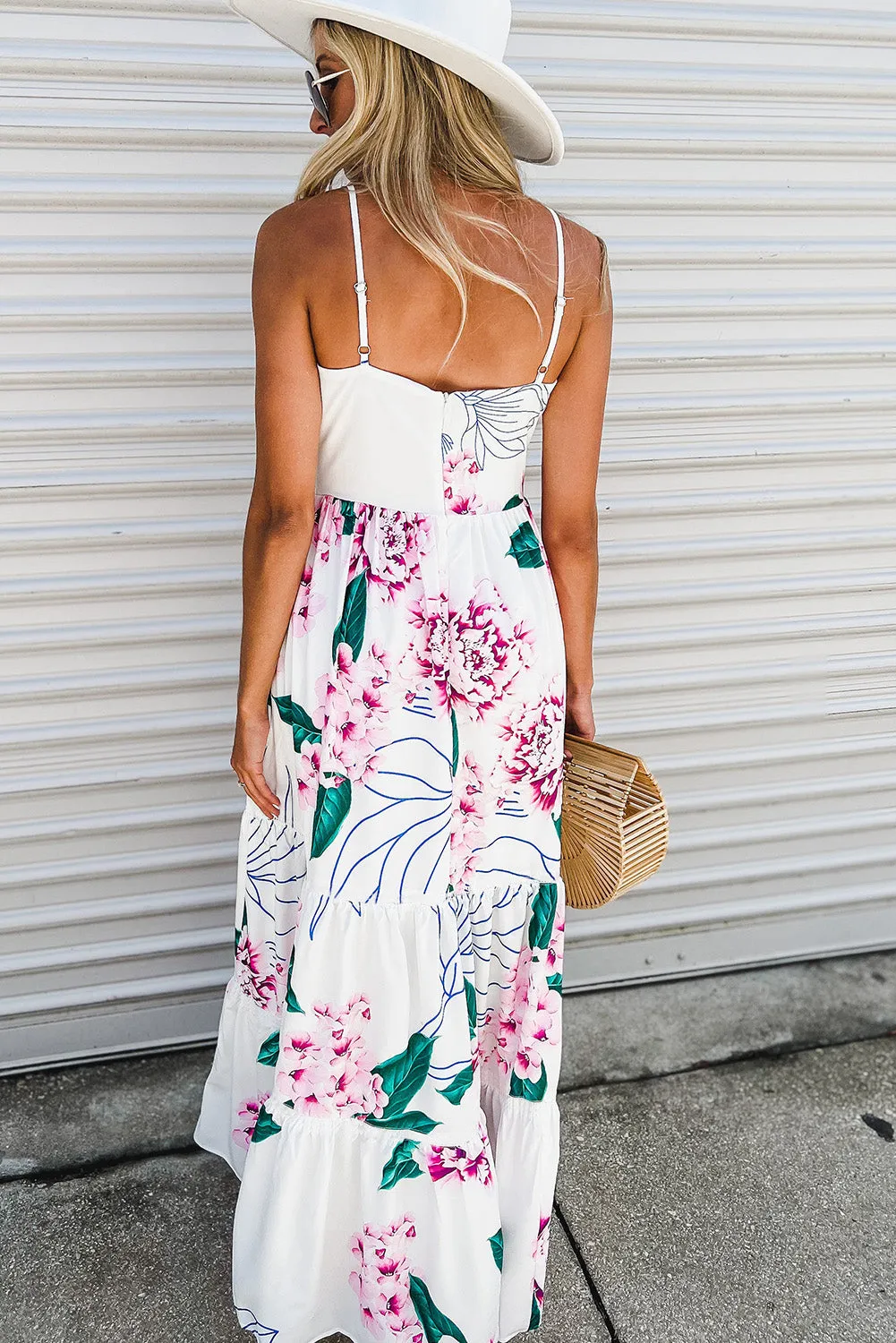 White Floral Twist Cutout Adjustable Straps Maxi Dress