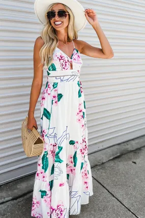 White Floral Twist Cutout Adjustable Straps Maxi Dress