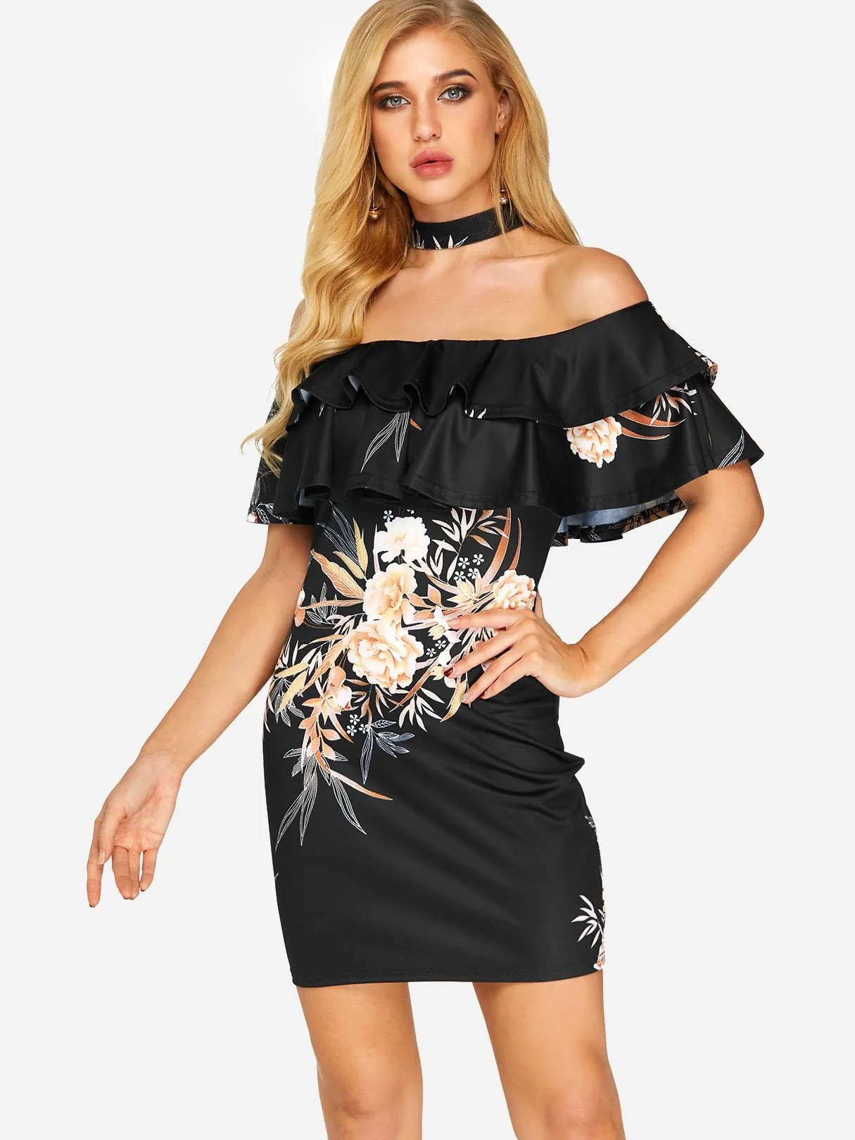 Wholesale Black Off The Shoulder Short Sleeve Floral Print Bodycon Dresses