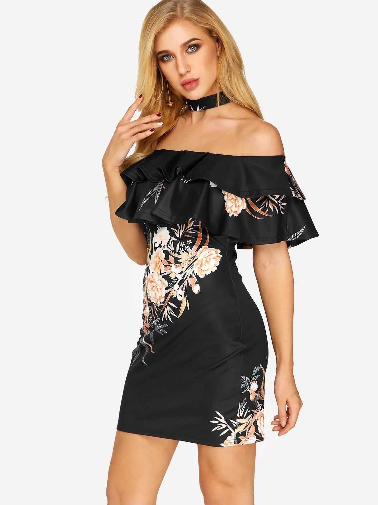 Wholesale Black Off The Shoulder Short Sleeve Floral Print Bodycon Dresses