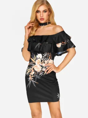 Wholesale Black Off The Shoulder Short Sleeve Floral Print Bodycon Dresses