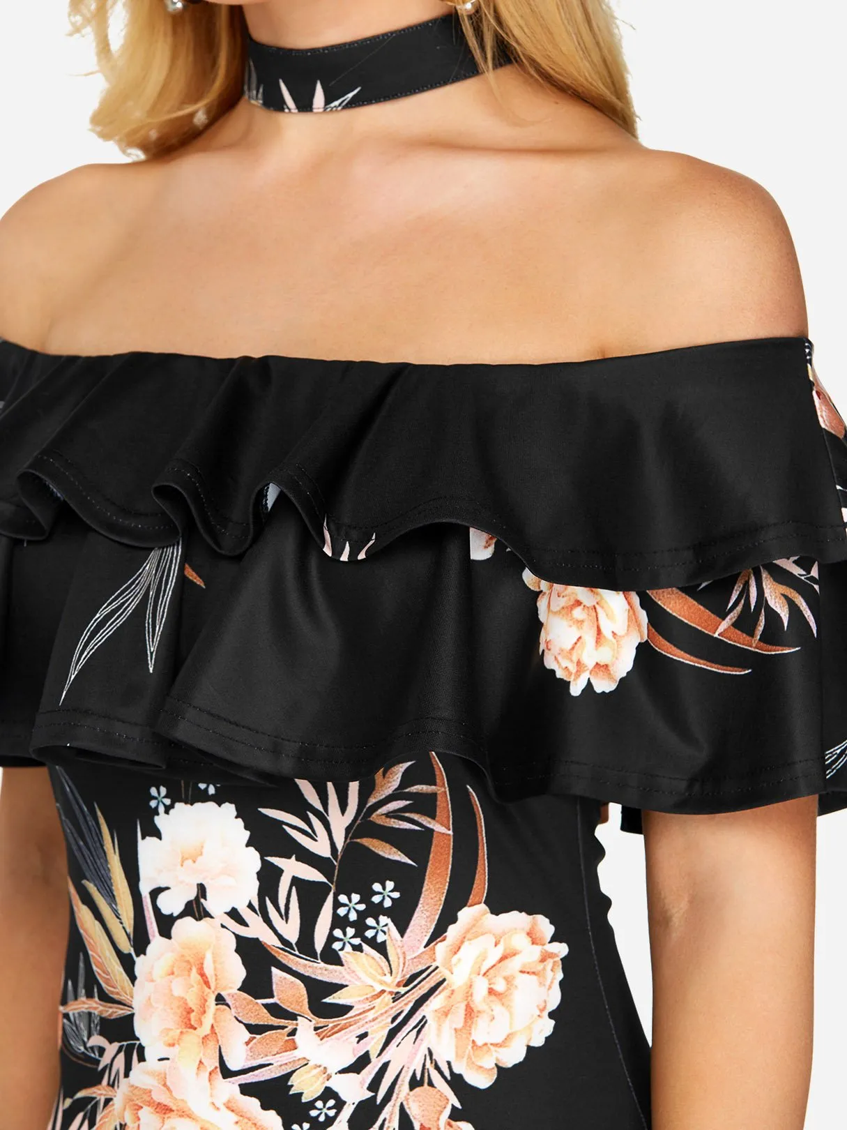 Wholesale Black Off The Shoulder Short Sleeve Floral Print Bodycon Dresses