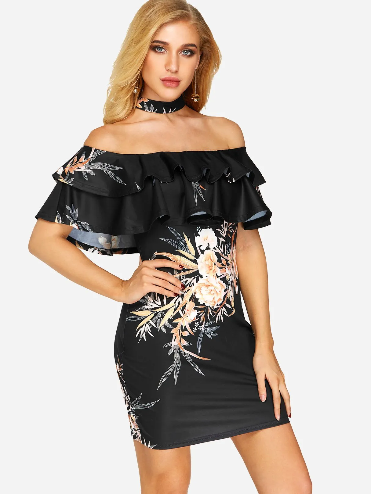 Wholesale Black Off The Shoulder Short Sleeve Floral Print Bodycon Dresses