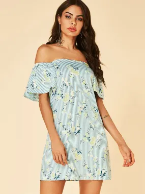 Wholesale Blue Off The Shoulder Short Sleeve Stripe Floral Print Dresses