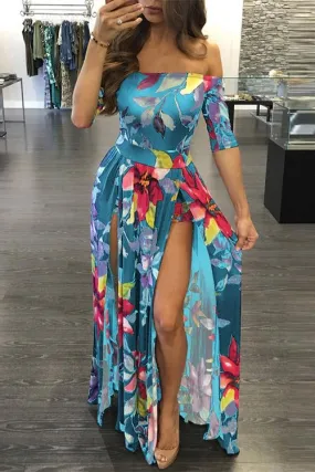 Wholesale Green Off The Shoulder Half Sleeve Floral Print Slit Hem Dresses