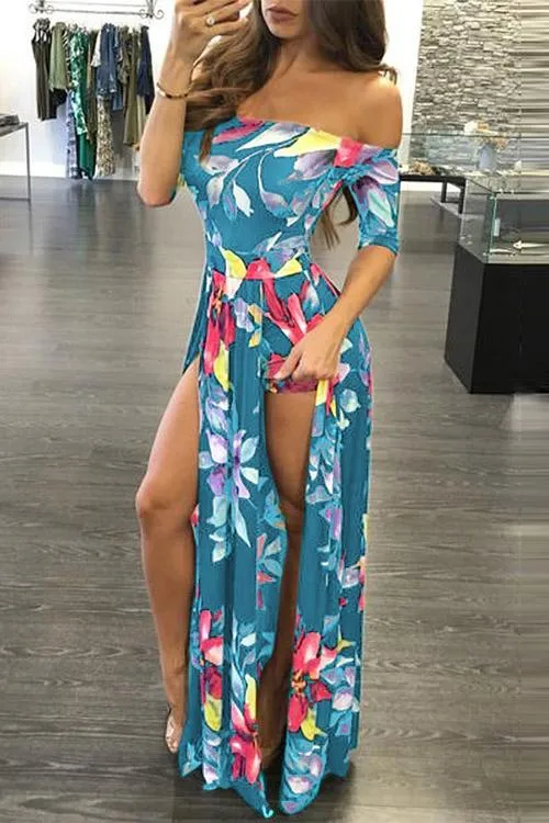 Wholesale Green Off The Shoulder Half Sleeve Floral Print Slit Hem Dresses