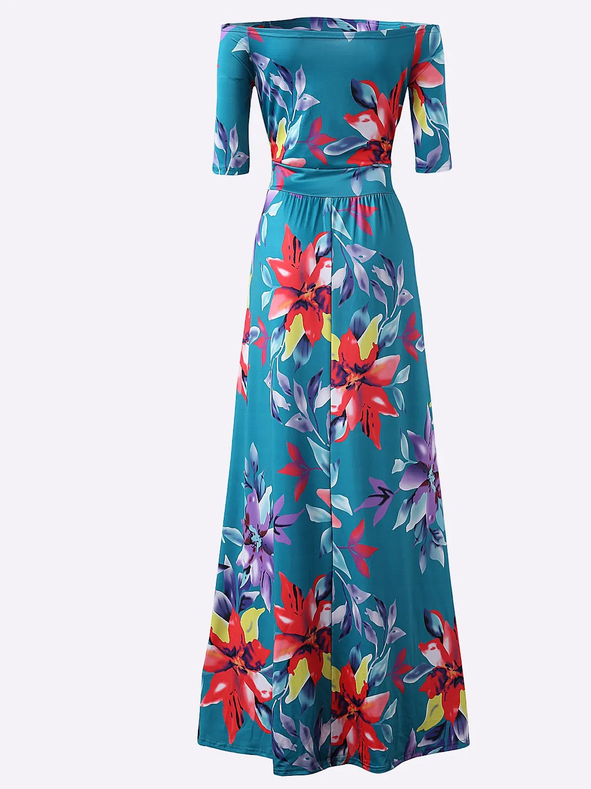 Wholesale Green Off The Shoulder Half Sleeve Floral Print Slit Hem Dresses