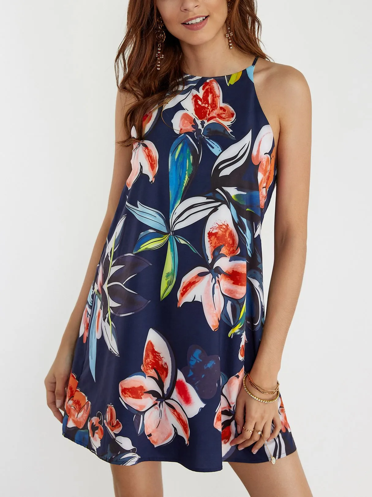 Wholesale Halter Sleeveless Floral Print Curved Hem Dresses