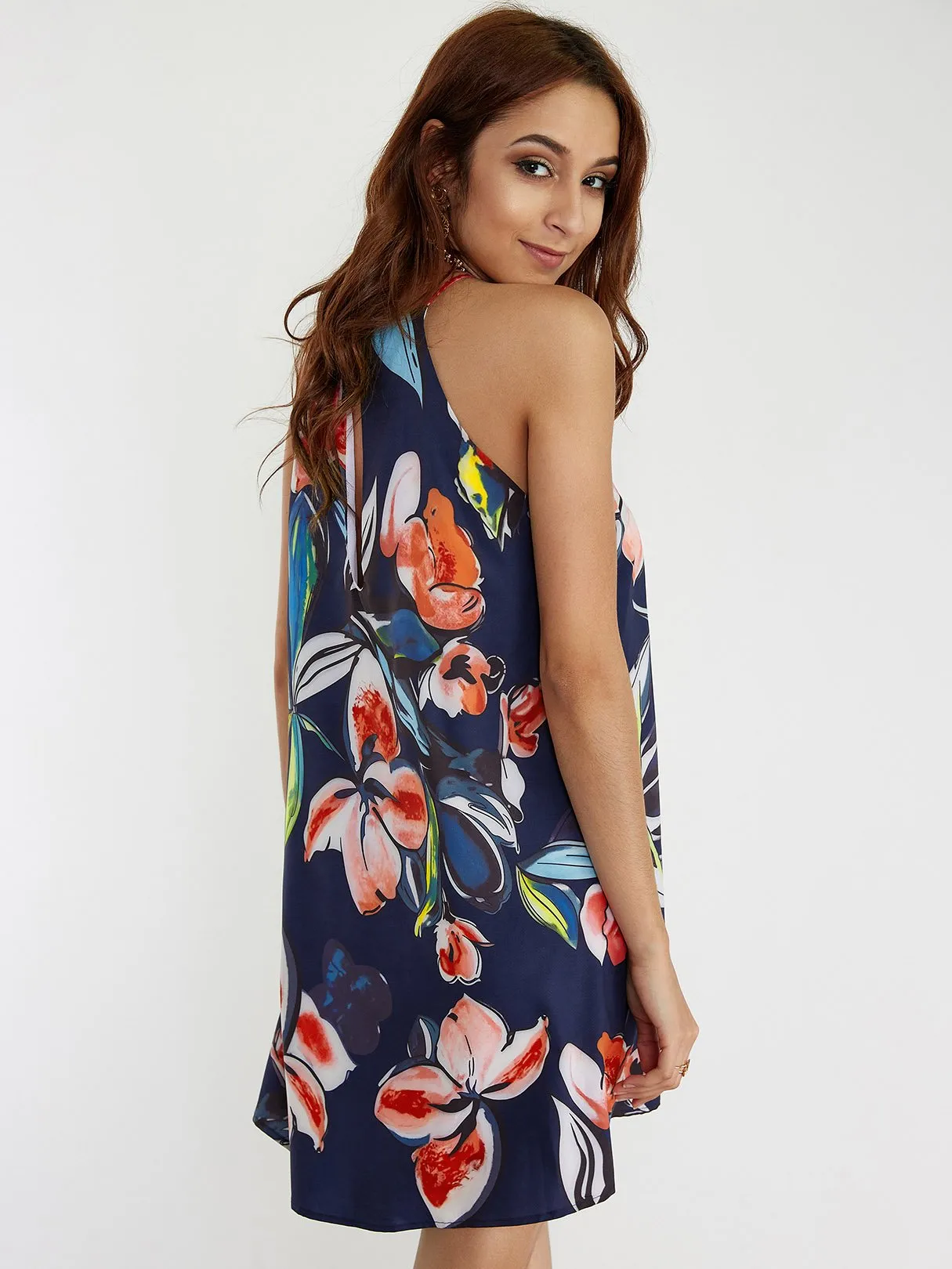 Wholesale Halter Sleeveless Floral Print Curved Hem Dresses