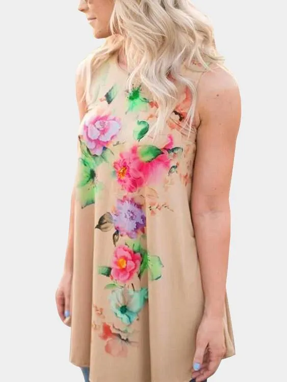 Wholesale Khaki Sleeveless Floral Print Dresses