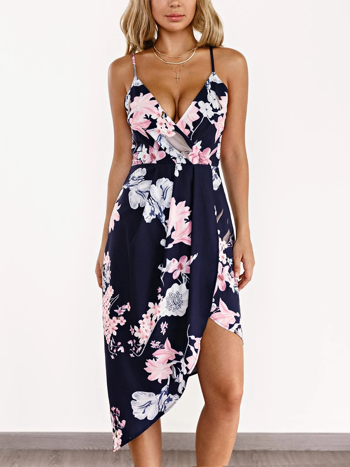 Wholesale Navy Deep V Neck Sleeveless Floral Print Crossed Front Wrap Irregular Hem Dresses