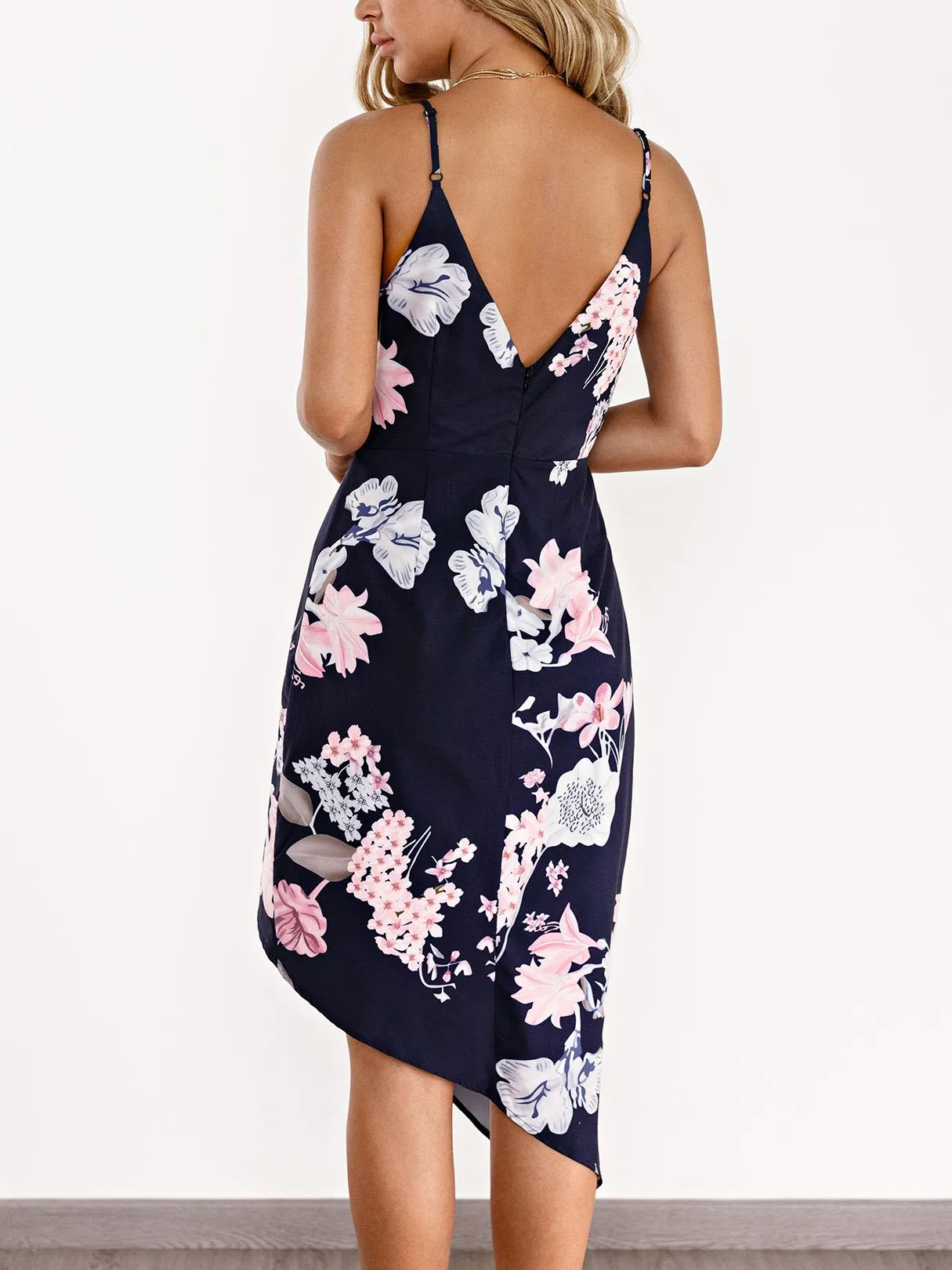 Wholesale Navy Deep V Neck Sleeveless Floral Print Crossed Front Wrap Irregular Hem Dresses