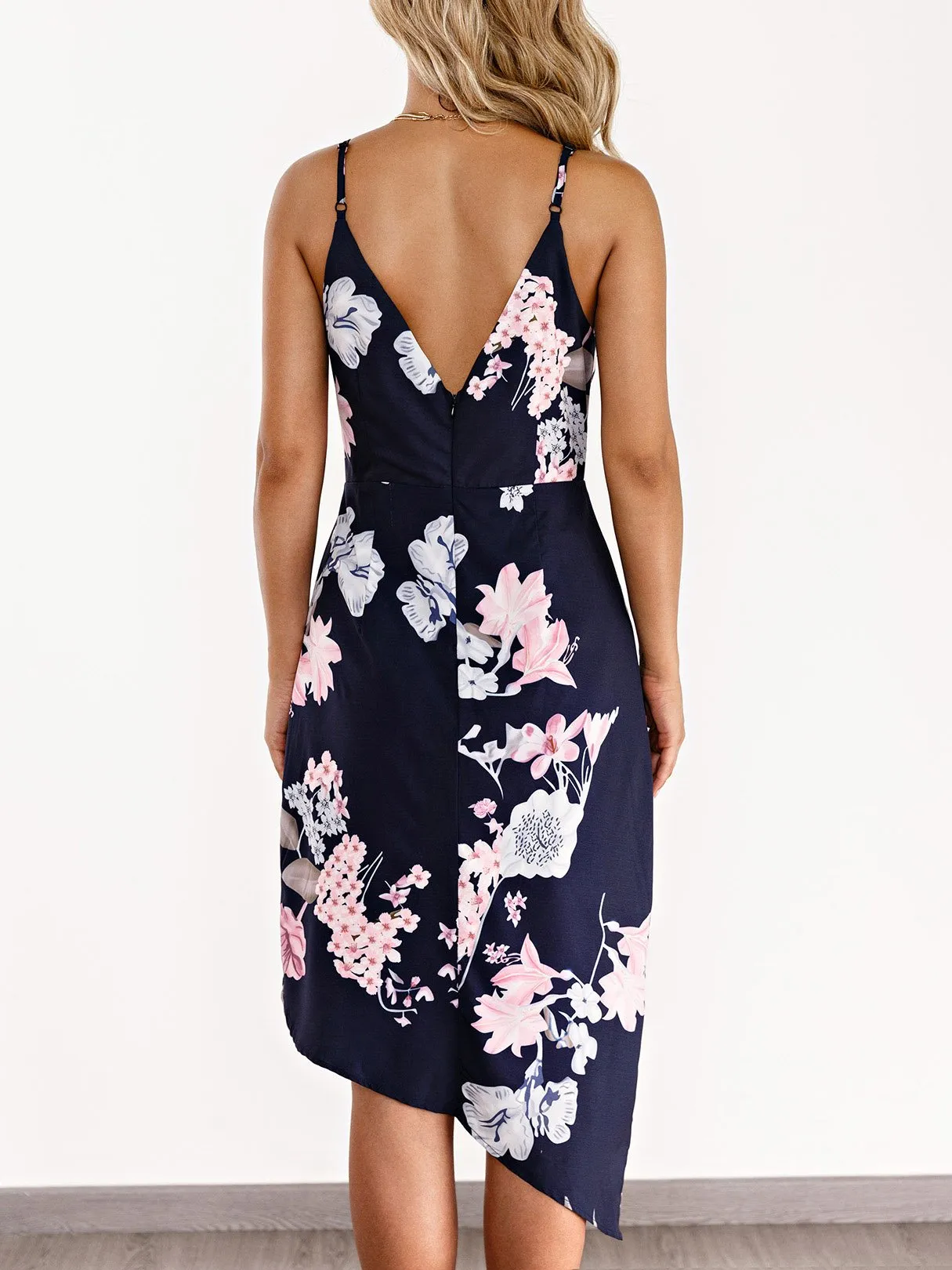 Wholesale Navy Deep V Neck Sleeveless Floral Print Crossed Front Wrap Irregular Hem Dresses