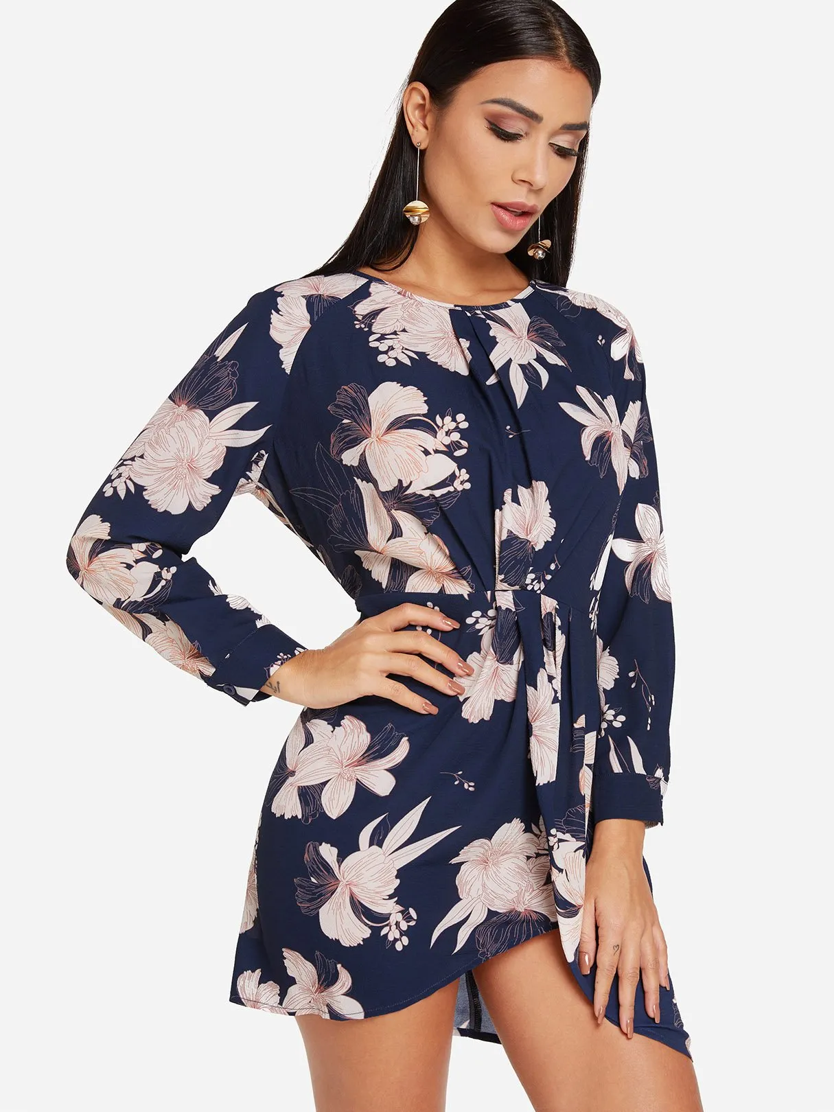 Wholesale Navy Round Neck Long Sleeve Floral Print Wrap Dresses