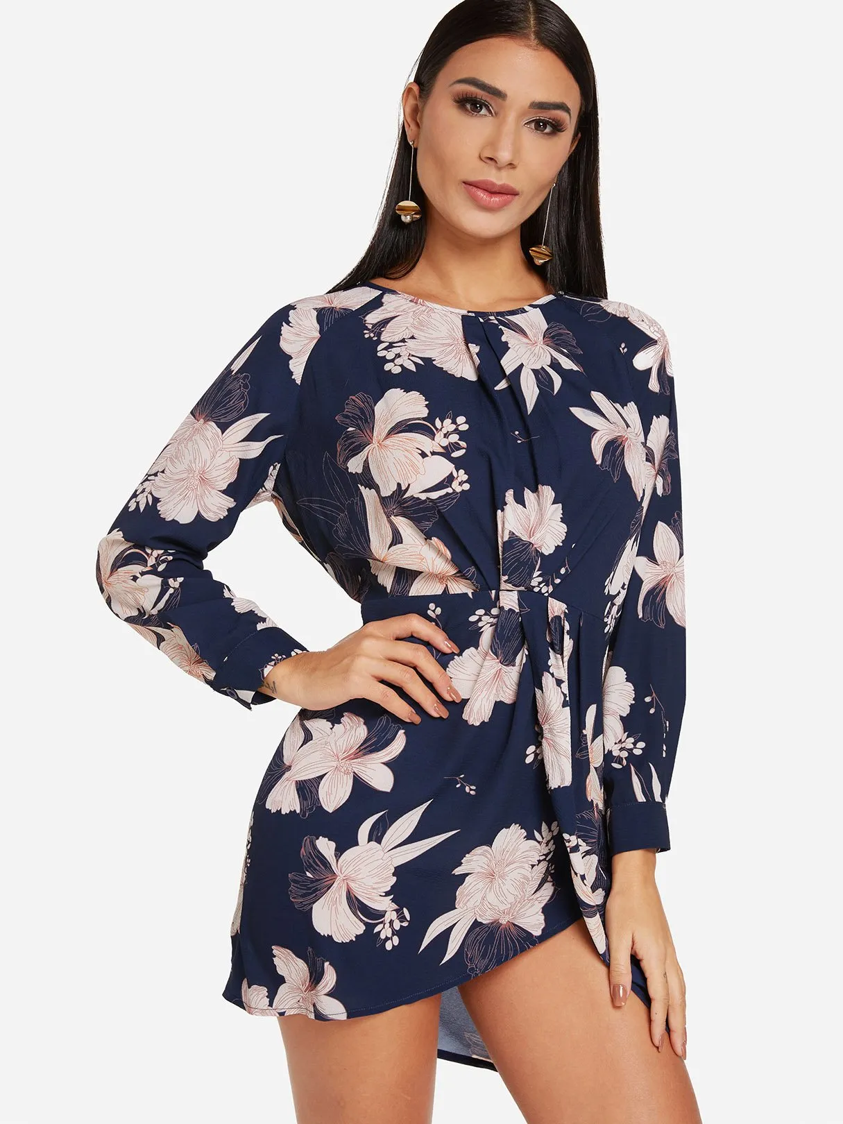 Wholesale Navy Round Neck Long Sleeve Floral Print Wrap Dresses