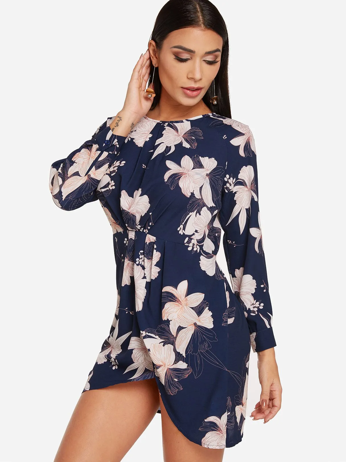 Wholesale Navy Round Neck Long Sleeve Floral Print Wrap Dresses