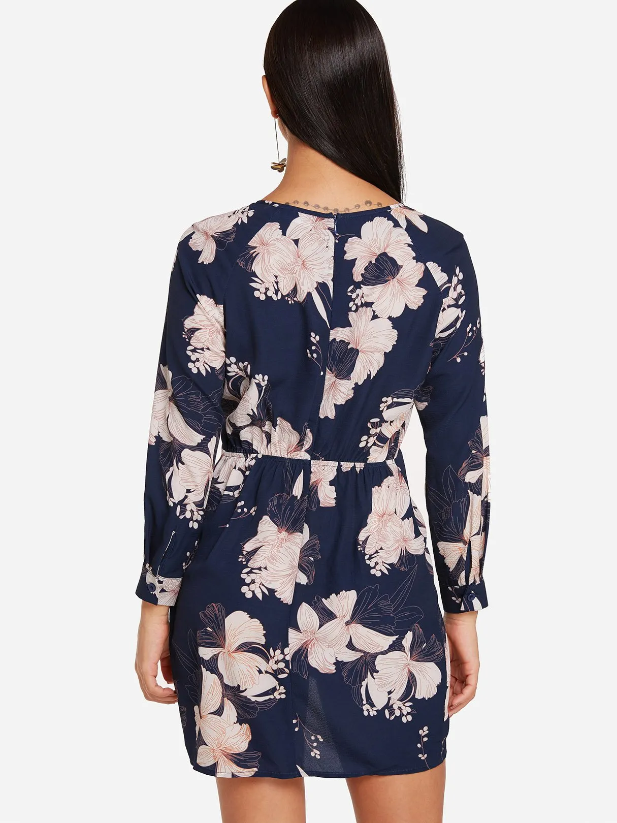 Wholesale Navy Round Neck Long Sleeve Floral Print Wrap Dresses