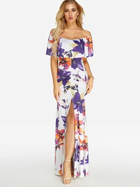 Wholesale Off The Shoulder Short Sleeve Floral Print Backless Slit Flounced Hem Dresses