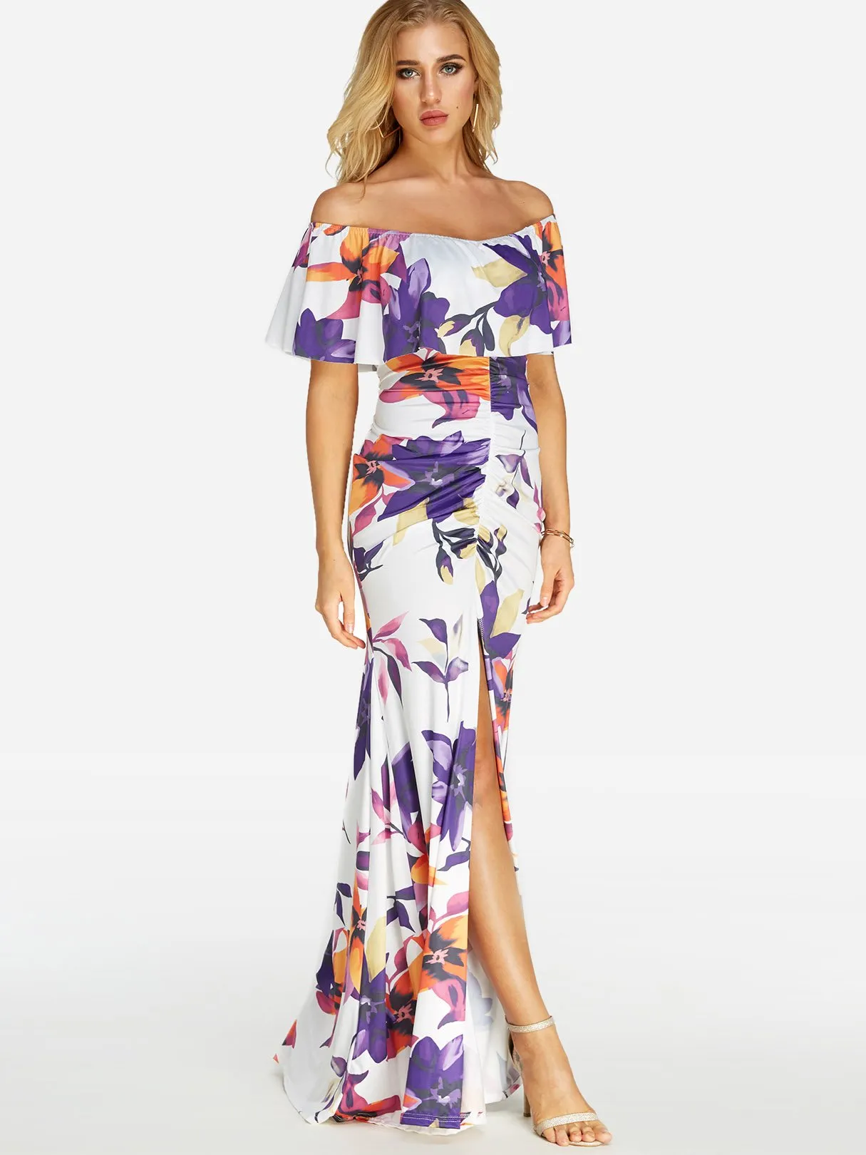 Wholesale Off The Shoulder Short Sleeve Floral Print Backless Slit Flounced Hem Dresses