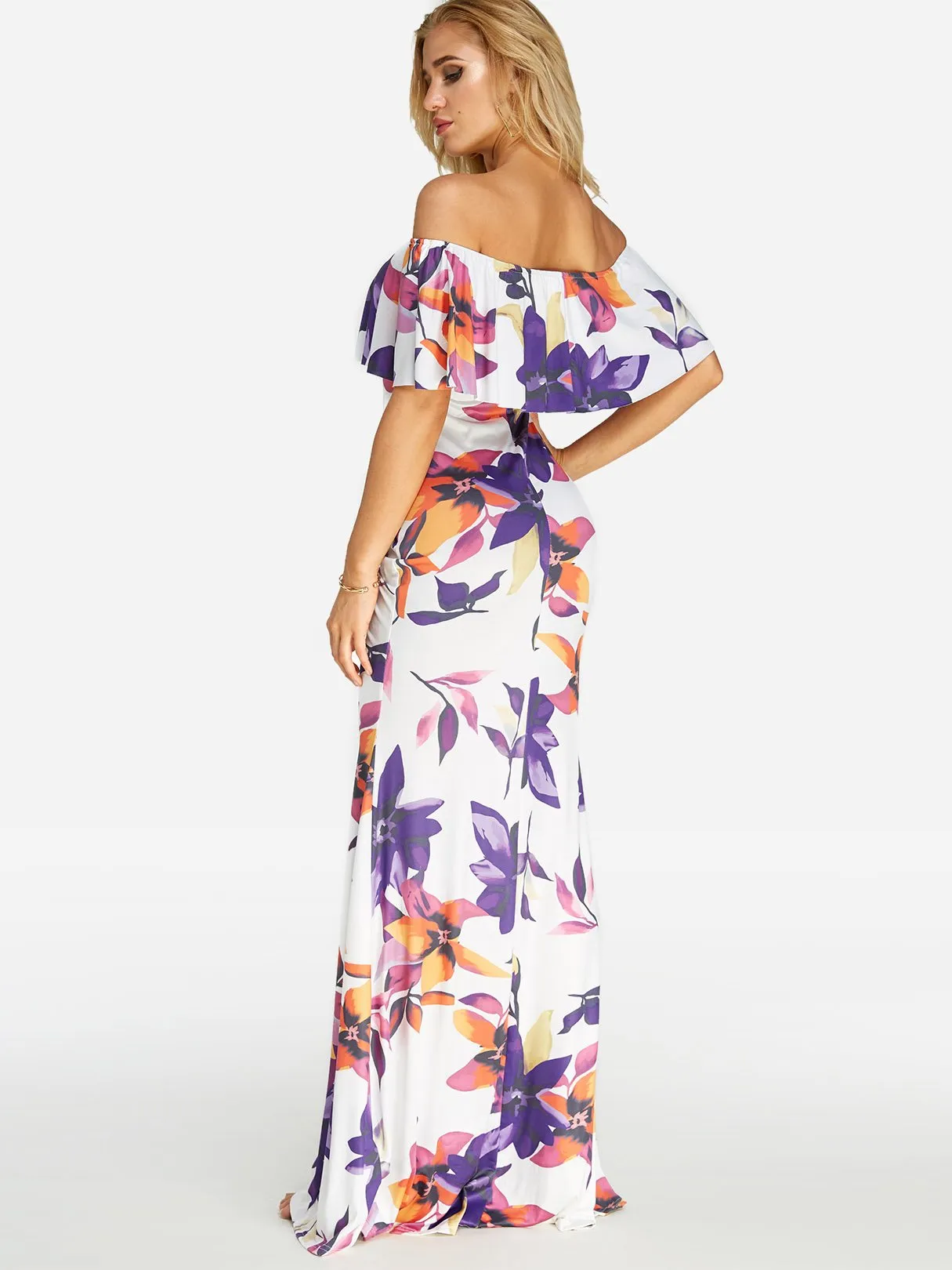 Wholesale Off The Shoulder Short Sleeve Floral Print Backless Slit Flounced Hem Dresses