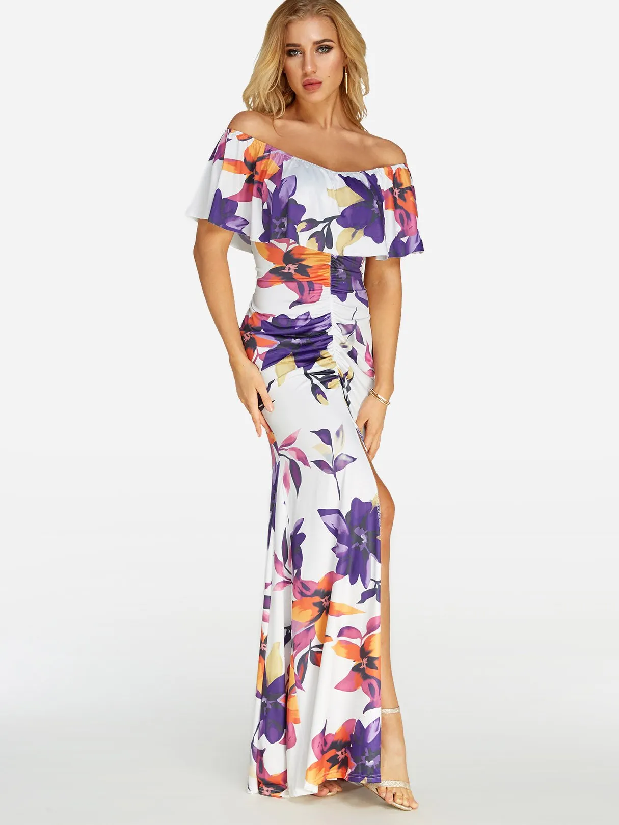 Wholesale Off The Shoulder Short Sleeve Floral Print Backless Slit Flounced Hem Dresses