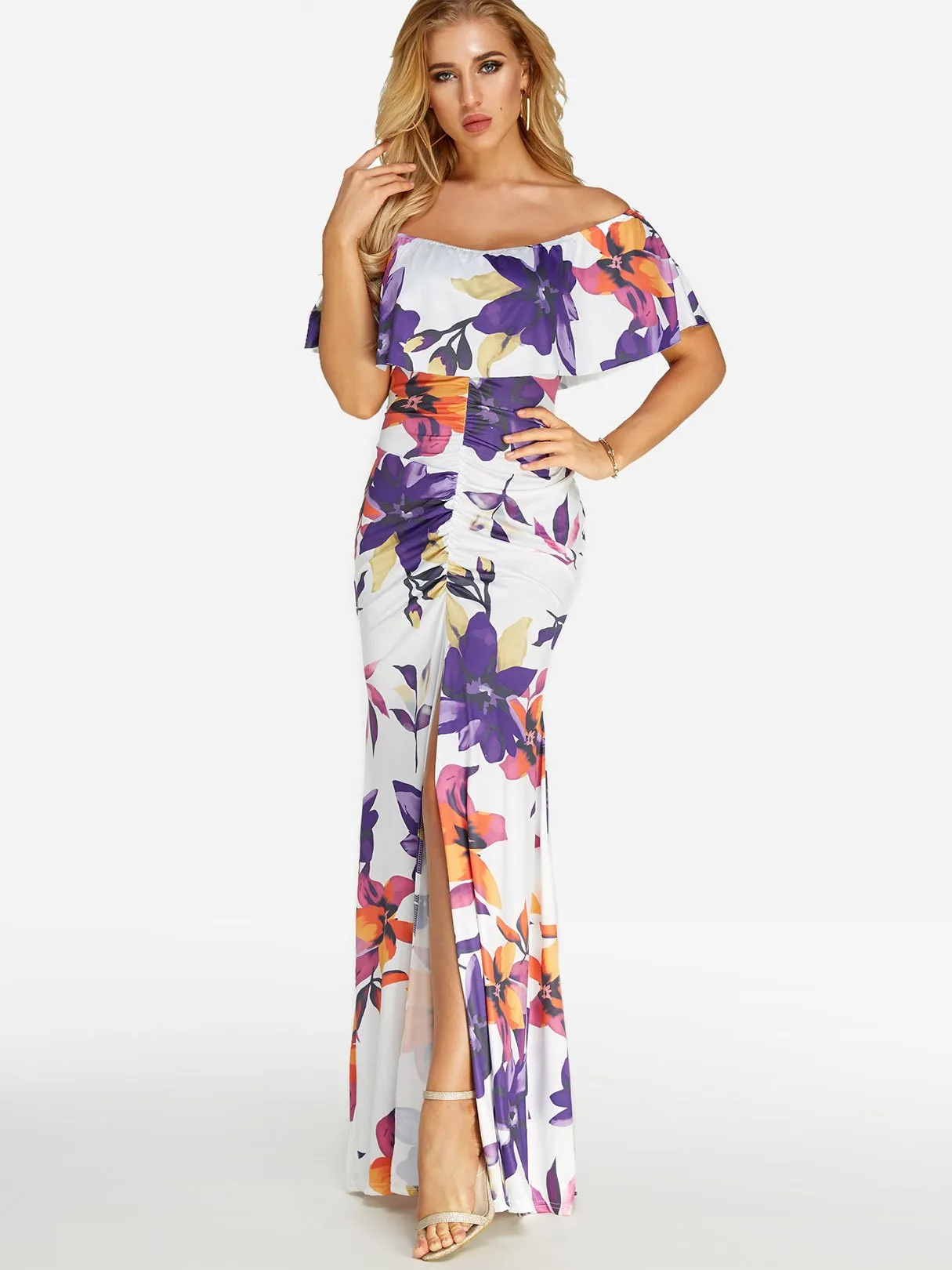 Wholesale Off The Shoulder Short Sleeve Floral Print Backless Slit Flounced Hem Dresses