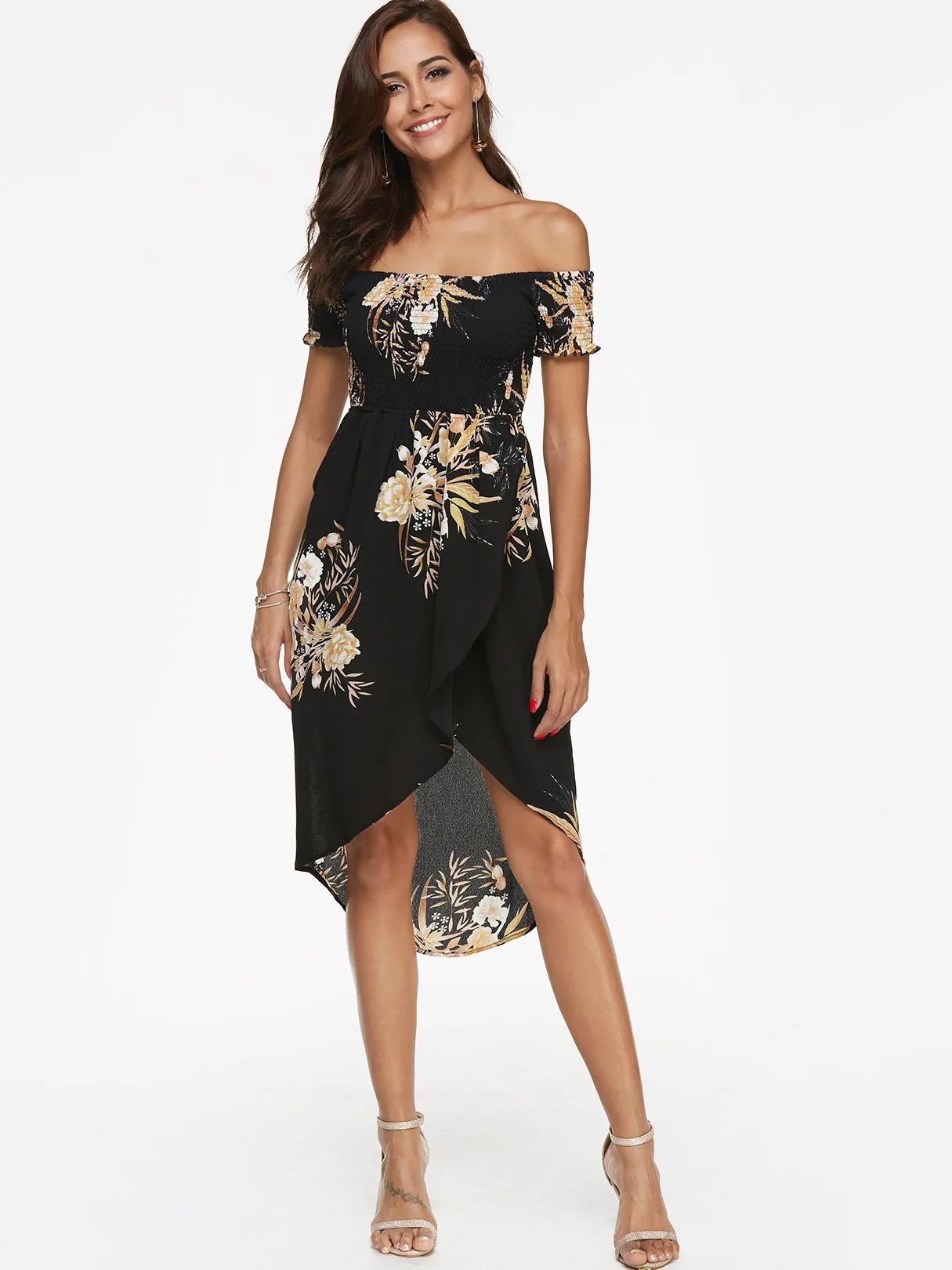 Wholesale Off The Shoulder Short Sleeve Floral Print Backless Slit Hem Dresses