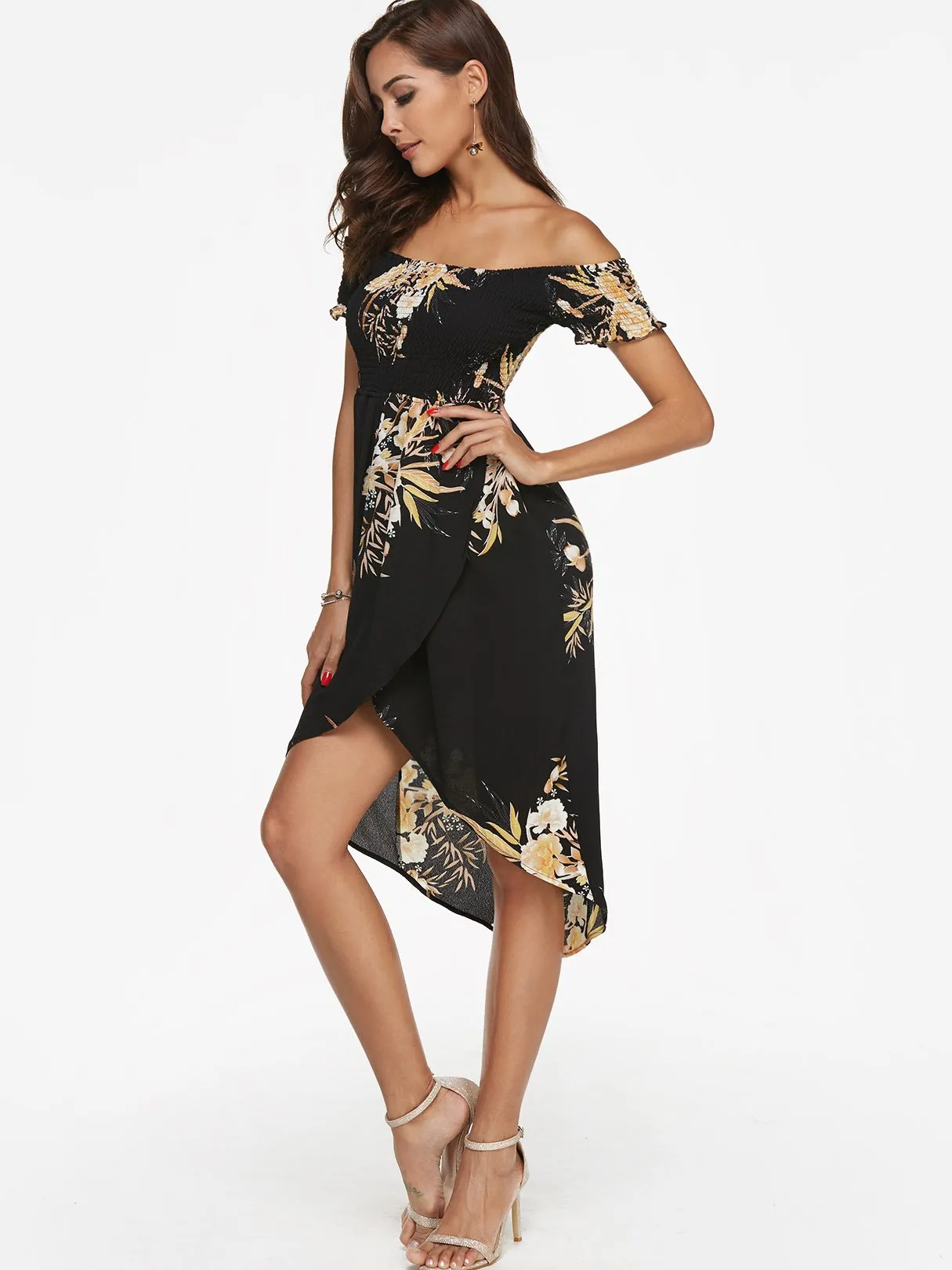 Wholesale Off The Shoulder Short Sleeve Floral Print Backless Slit Hem Dresses