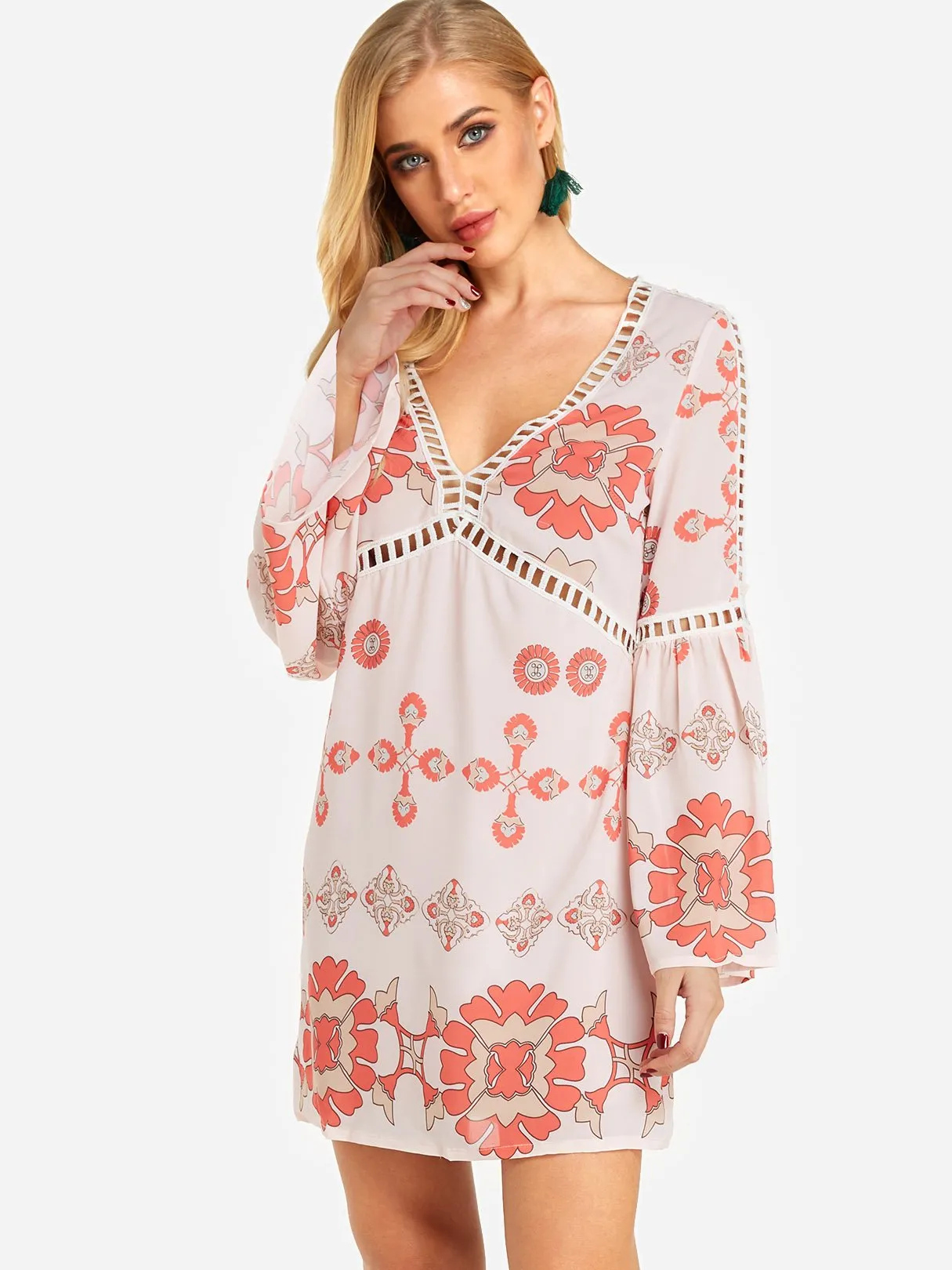 Wholesale Pink V-Neck Long Sleeve Floral Print Hollow Dresses