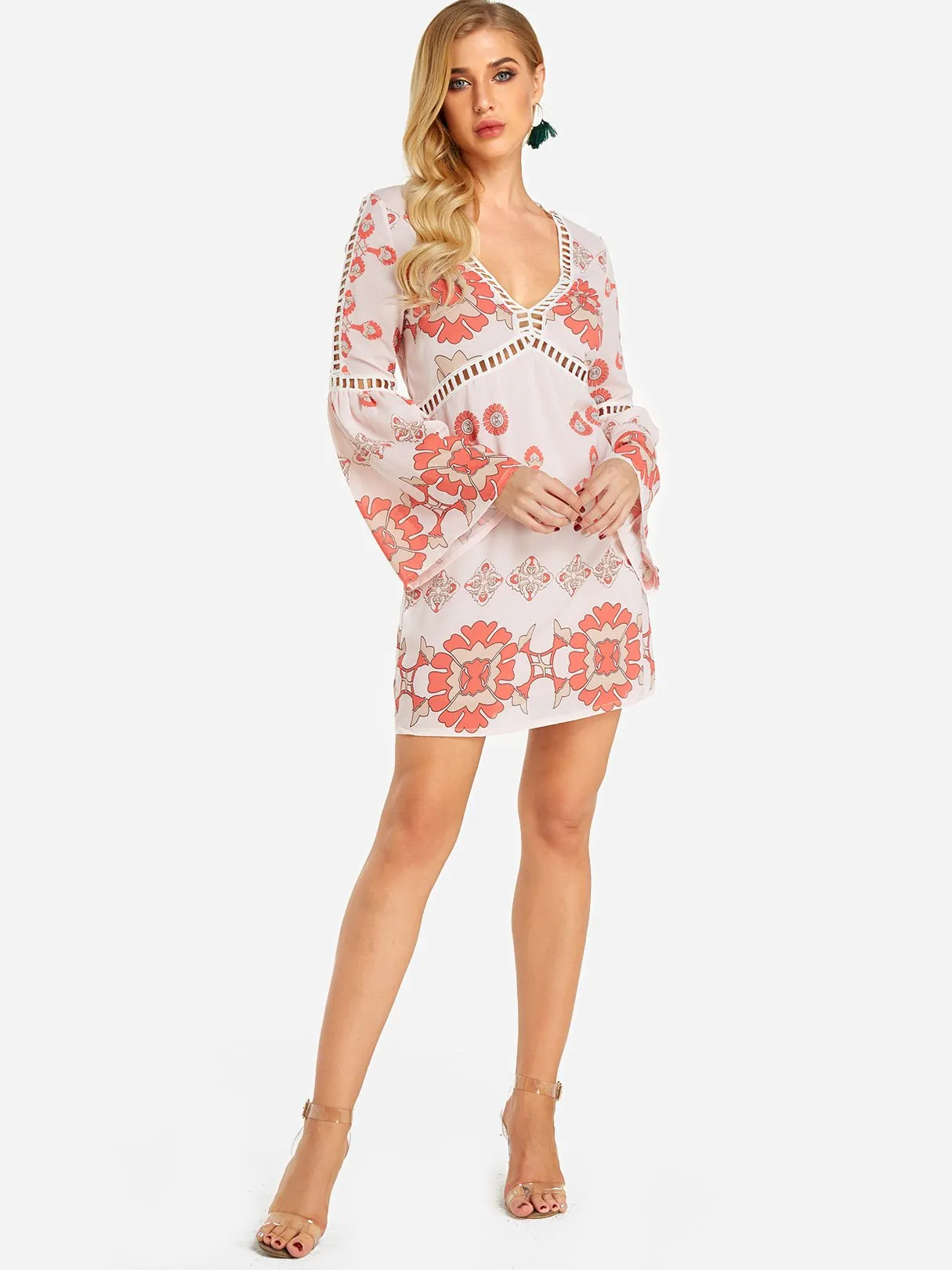 Wholesale Pink V-Neck Long Sleeve Floral Print Hollow Dresses