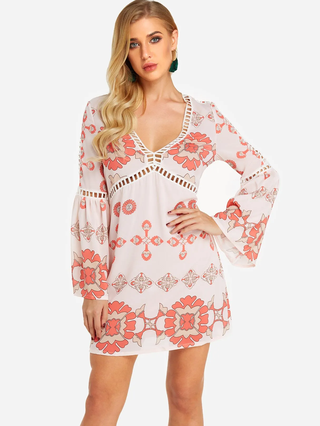 Wholesale Pink V-Neck Long Sleeve Floral Print Hollow Dresses