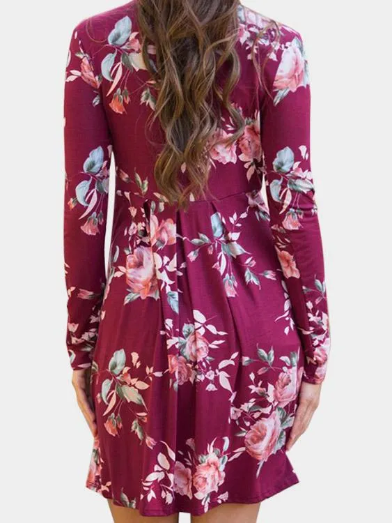 Wholesale Rose Round Neck Long Sleeve Floral Print High-Waisted Dress