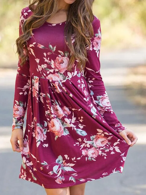 Wholesale Rose Round Neck Long Sleeve Floral Print High-Waisted Dress