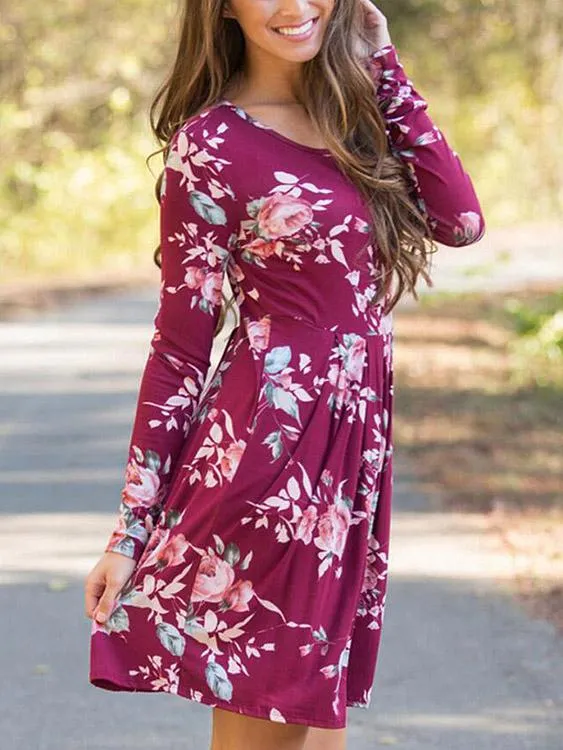 Wholesale Rose Round Neck Long Sleeve Floral Print High-Waisted Dress