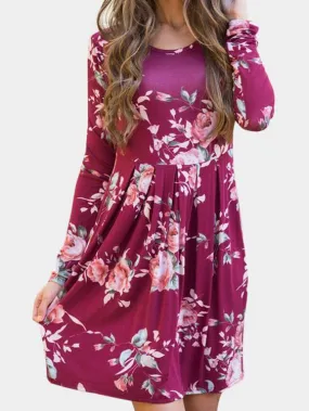 Wholesale Rose Round Neck Long Sleeve Floral Print High-Waisted Dress