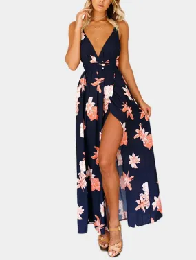 Wholesale Sleeveless Floral Print Backless Spaghetti Strap Slit Hem Dresses