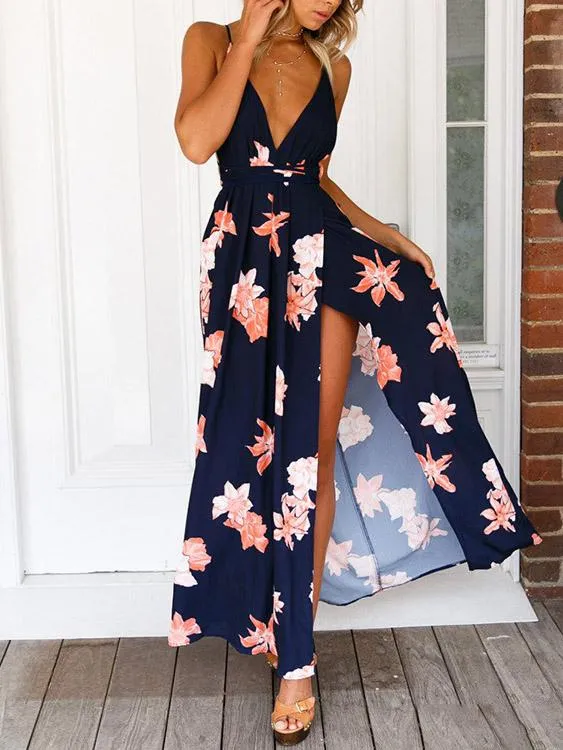 Wholesale Sleeveless Floral Print Backless Spaghetti Strap Slit Hem Dresses