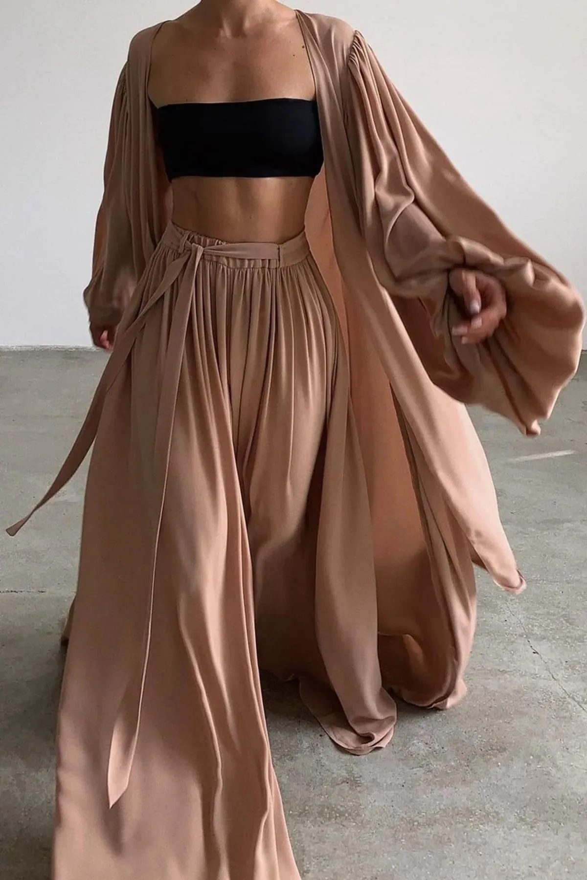 Wide Leg Palazzo Pants & Kimono 3 Piece Set