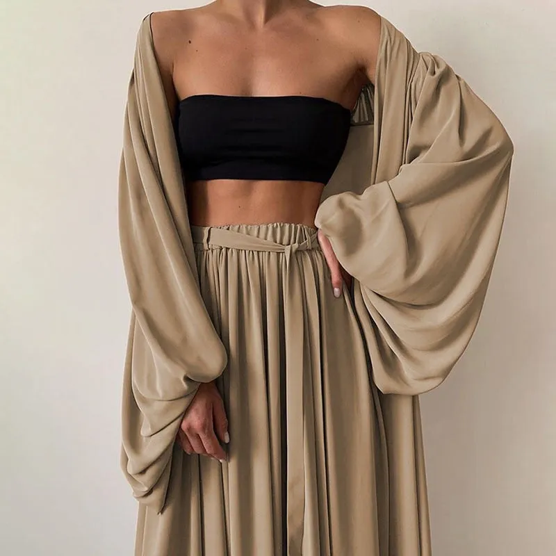 Wide Leg Palazzo Pants & Kimono 3 Piece Set