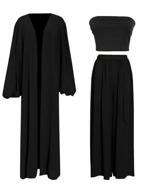 Wide Leg Palazzo Pants & Kimono 3 Piece Set