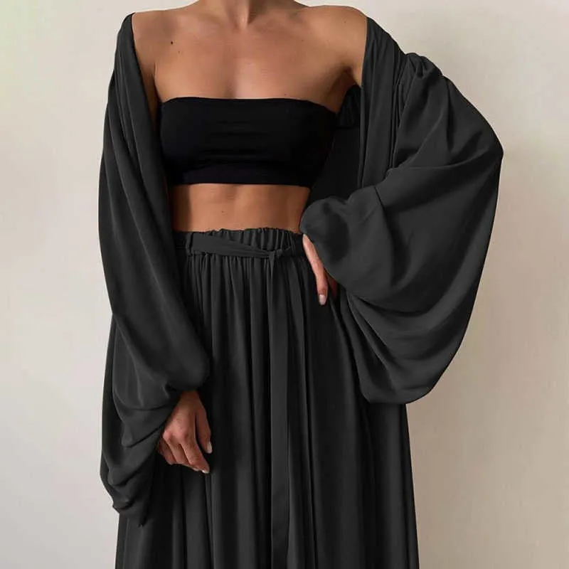 Wide Leg Palazzo Pants & Kimono 3 Piece Set