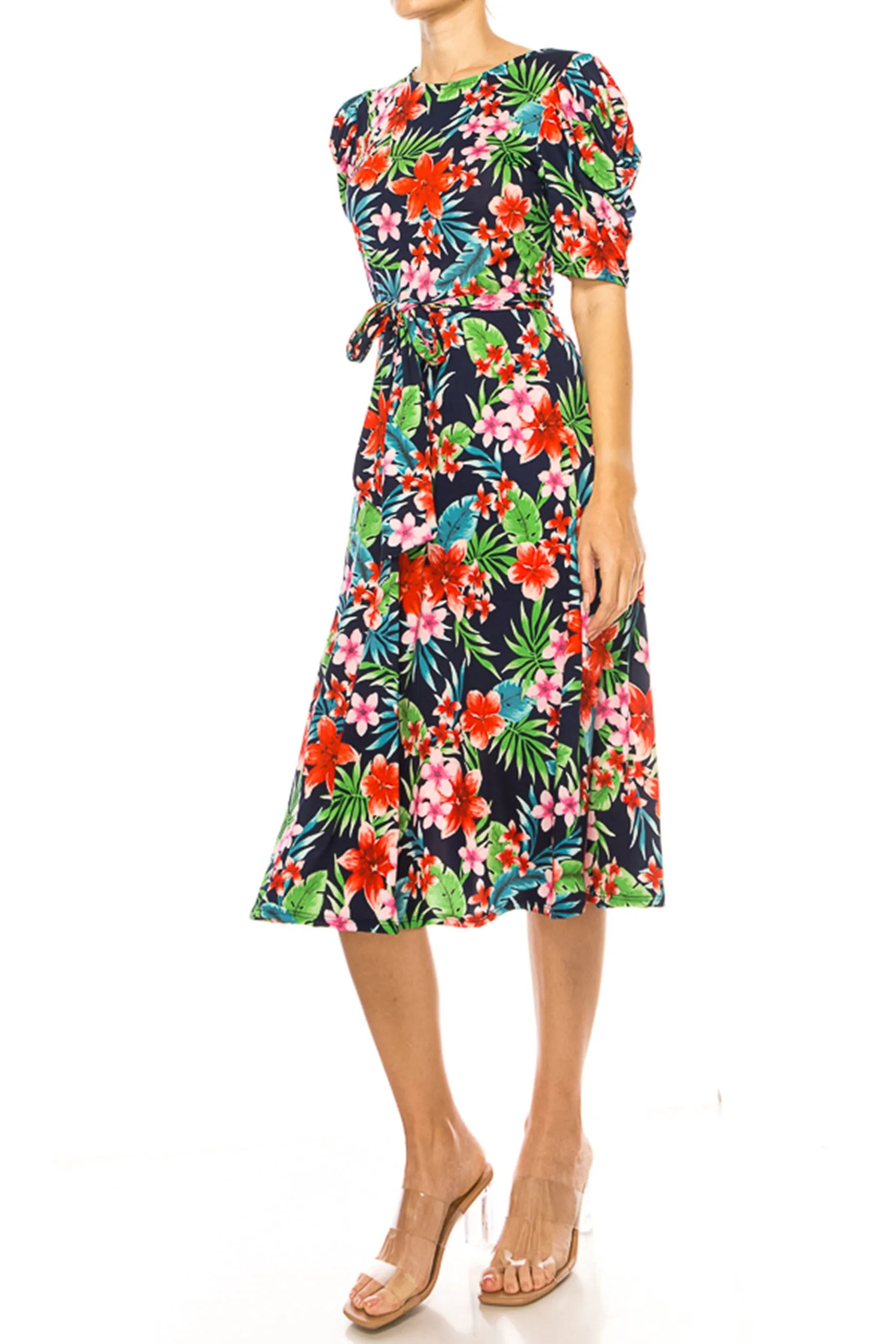 Women's Elegant Printed Midi Dress with Puff Sleeves and Sash Tie