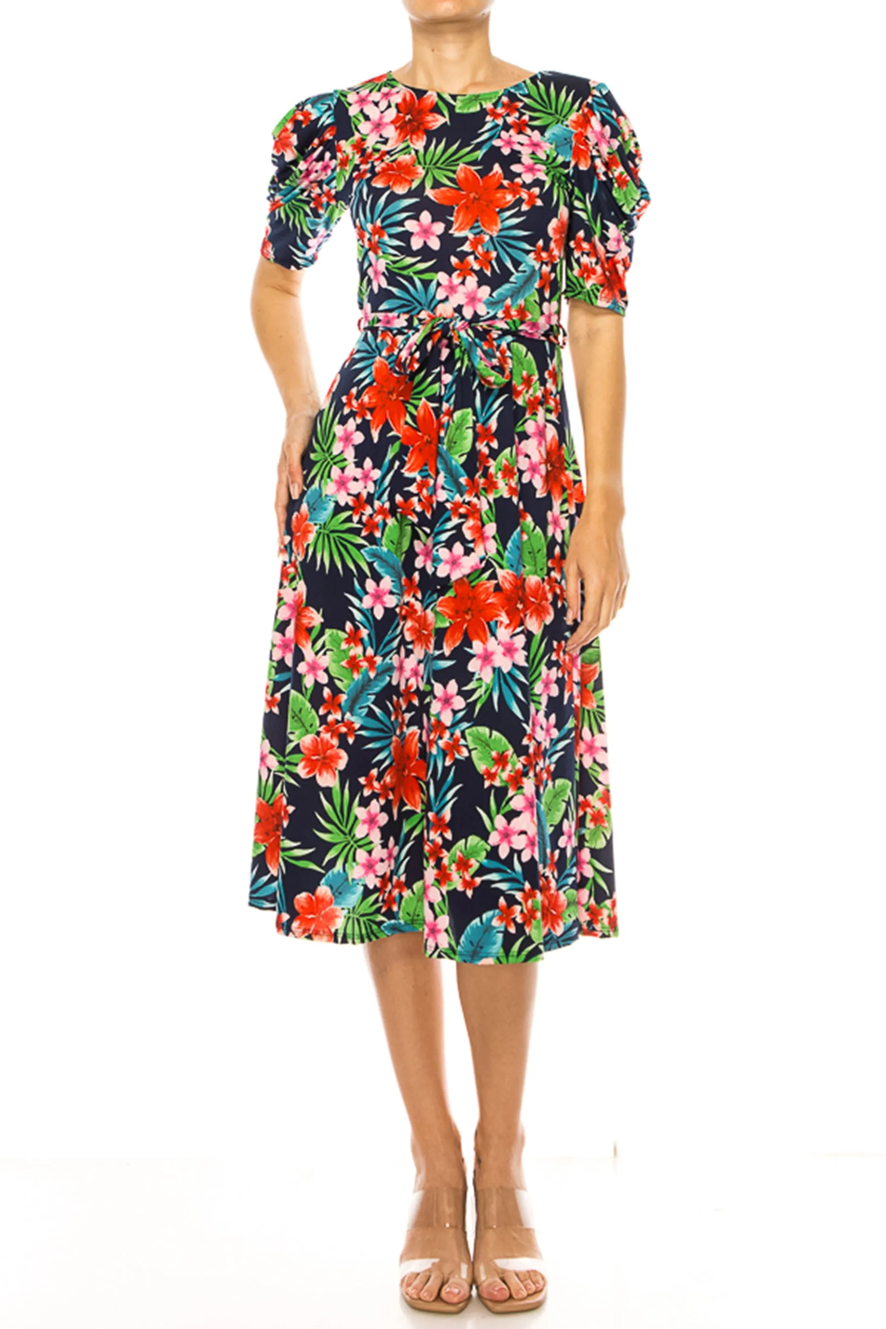 Women's Elegant Printed Midi Dress with Puff Sleeves and Sash Tie