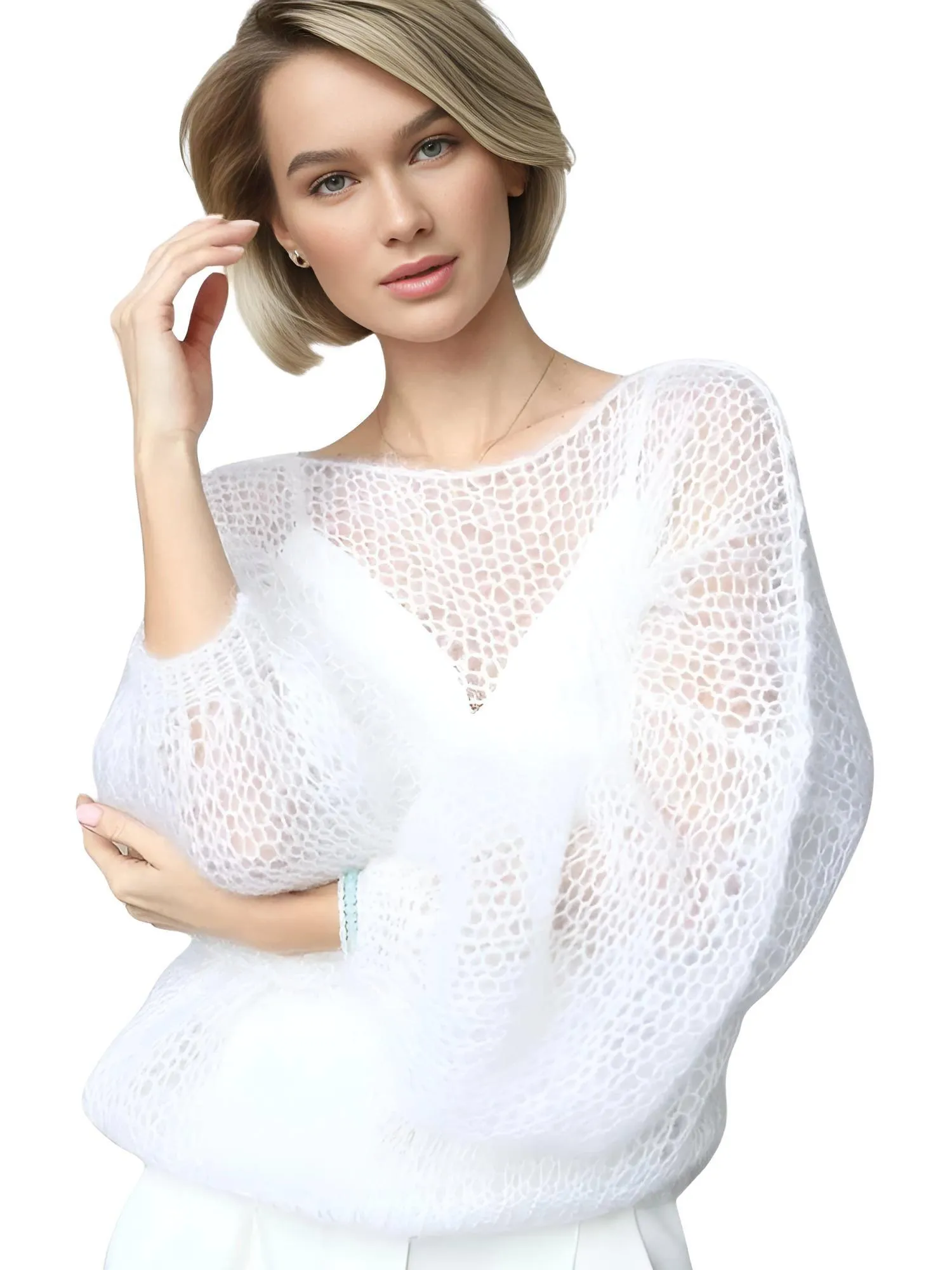 Women's See Through Sweaters Lady Hollow out Mesh Thin Pullover Sweaters Lantern Sleeve Loose Tops Smock