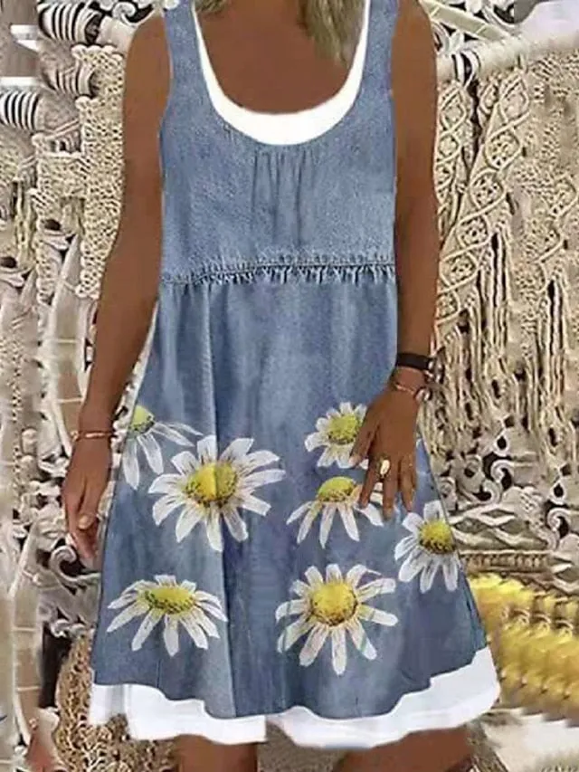 Women's Shift Dress Midi Dress Gray Sleeveless Floral Fake two piece Summer Spring Crew Neck Modern 2023 5XL