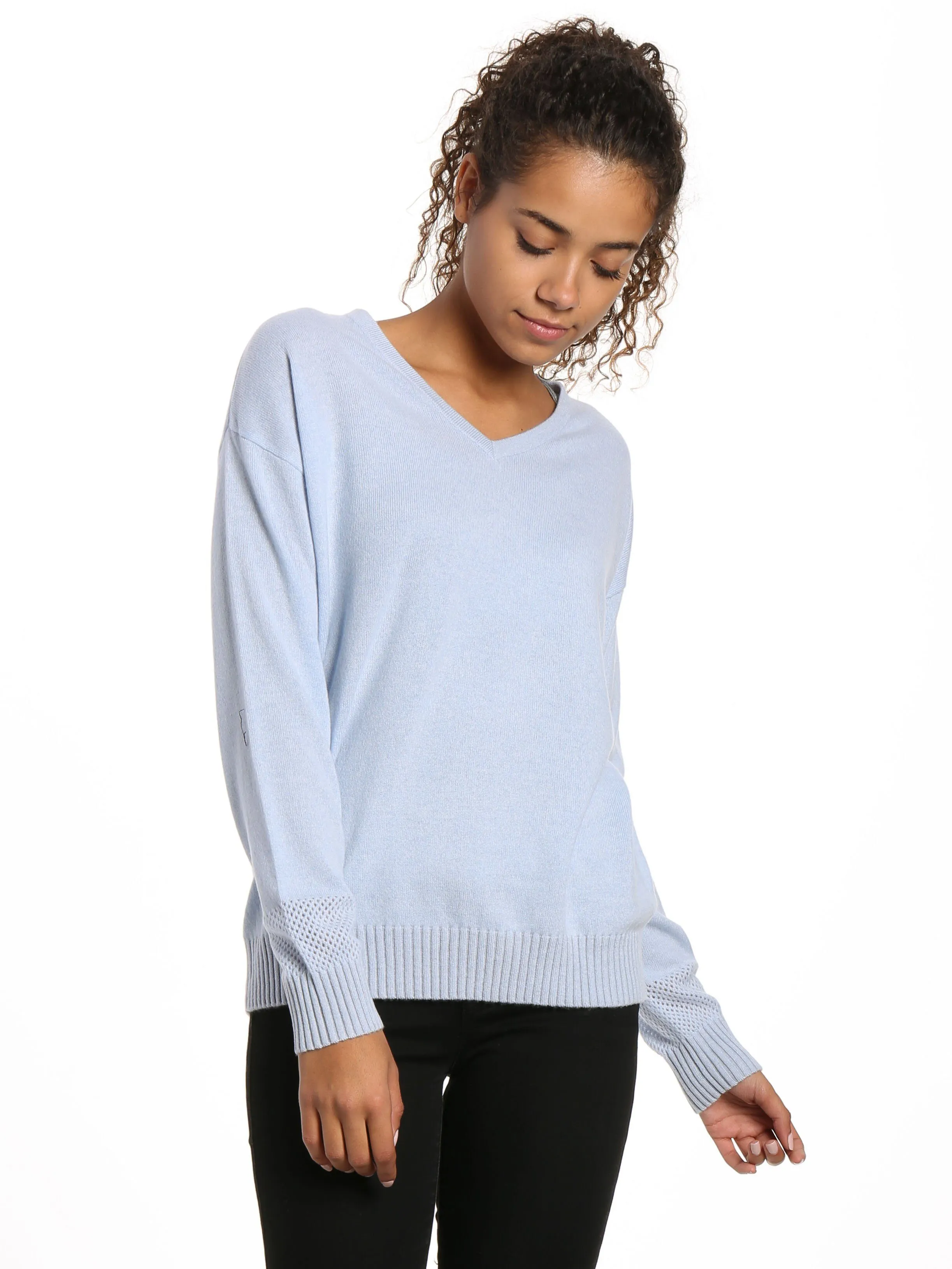 Zainuno Moizni Women's 100% Cashmere V-Neck Sweater with Mesh Sleeve